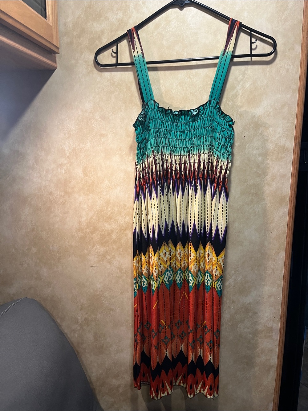Smocked Teal & Multi-Color Tribal Maxi Dress